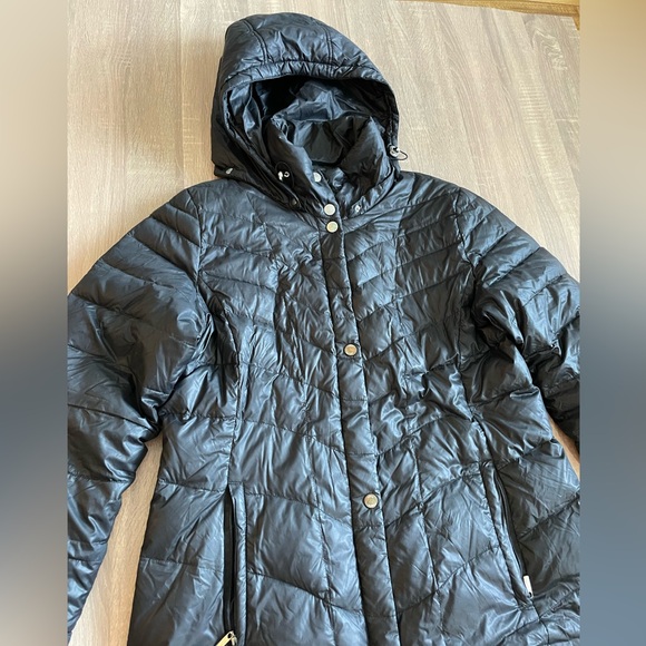 Utex Long Black GOOSEDOWN puffer Jacket Trench w/ Removable hood. Size L - Picture 4 of 15